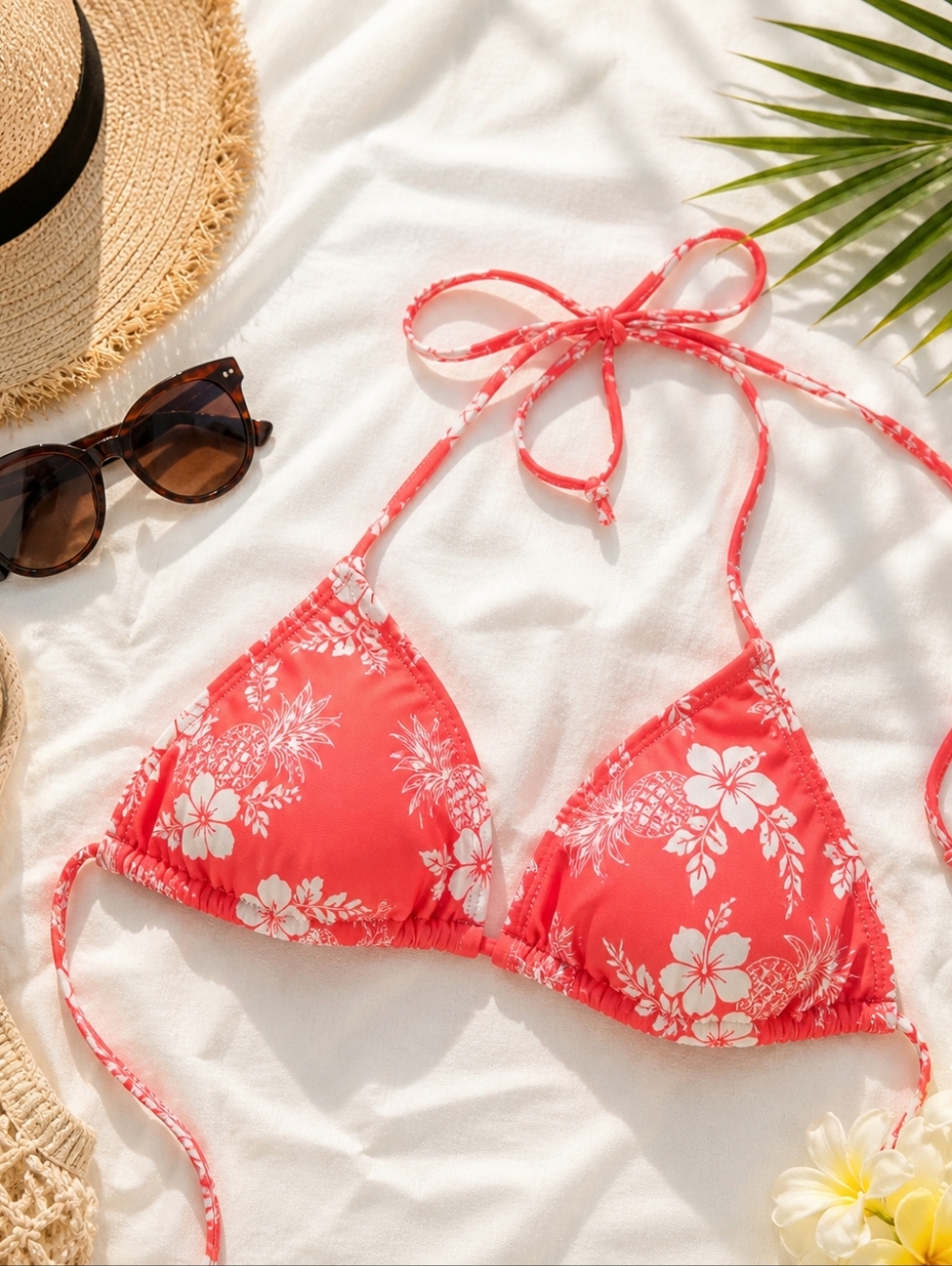 Coral Floral Triangle Bikini Top - Women Swim